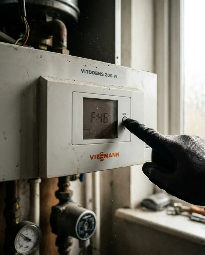 Bedieningspaneel en display van een Viessmann Vitodens 200-W met een foutcode