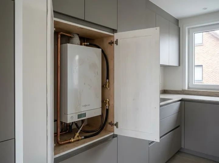 Witte Viessmann Vitodens condensatieketel weggewerkt in een keukenkast, met nieuwe aansluitingen
