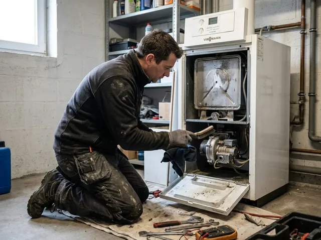 Technicus voert onderhoud uit op een geopende Viessmann Vitodens-ketel
